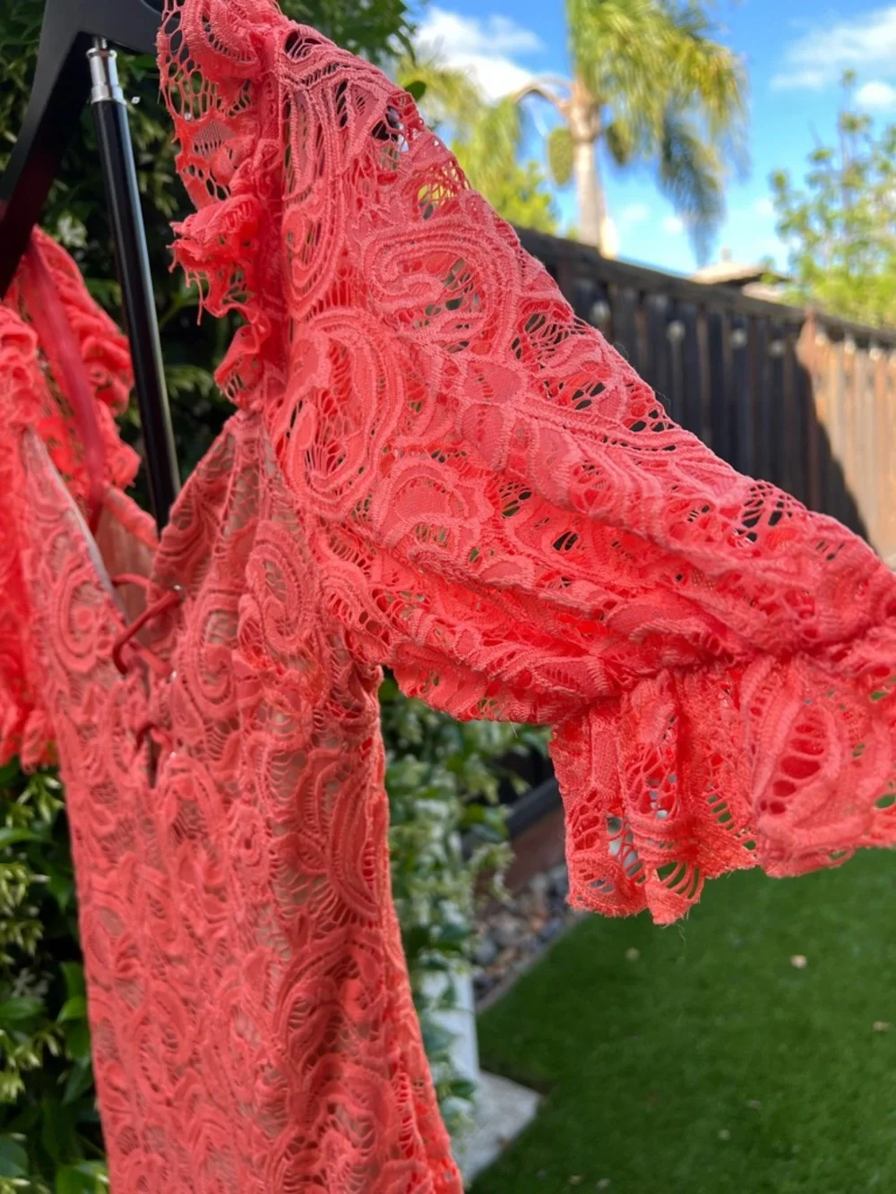 Coral Lace Bodycon Dress Square/V-line Deep Neck Puff Sleeve Romantic Size S - Picture 6 of 9